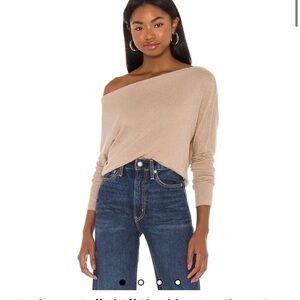 Cashmere Cuffed Off Shoulder Long Sleeve Top in Khaki
